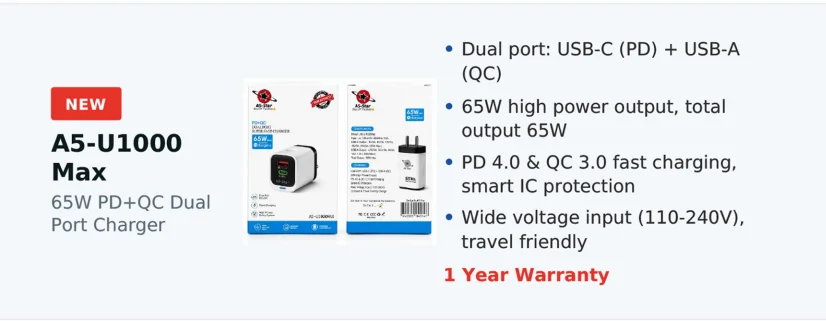A5-Star 65W GaN PD+QC Dual Port Super Fast Charger - image 2