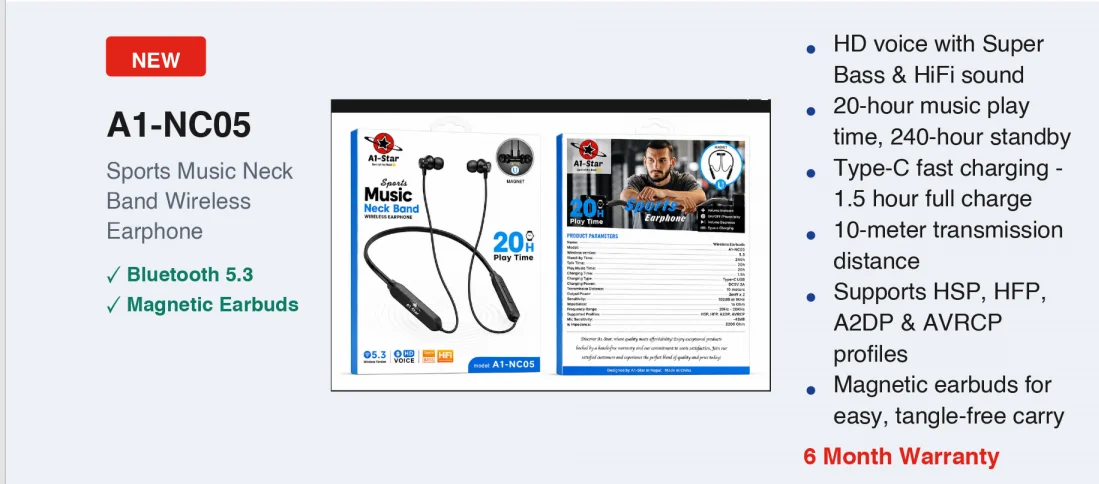 A1-Star Sports Music Neckband Wireless Earphone (Model: A1-NC05) - image 2