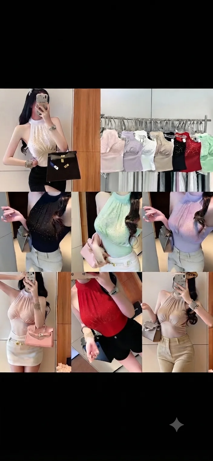 Stylish Halter Neck Ruffled Rhinestone-Embellished Sleeveless Top(padded) - image 2