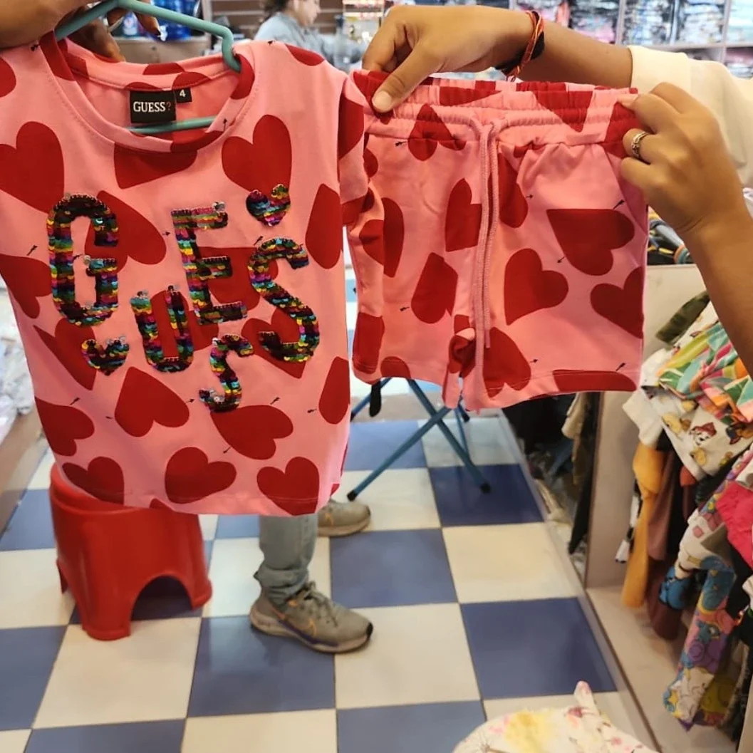 Girls' Pink Heart Print 2-Piece Summer Set – Rainbow Sequin Logo T-Shirt & Shorts - image 2