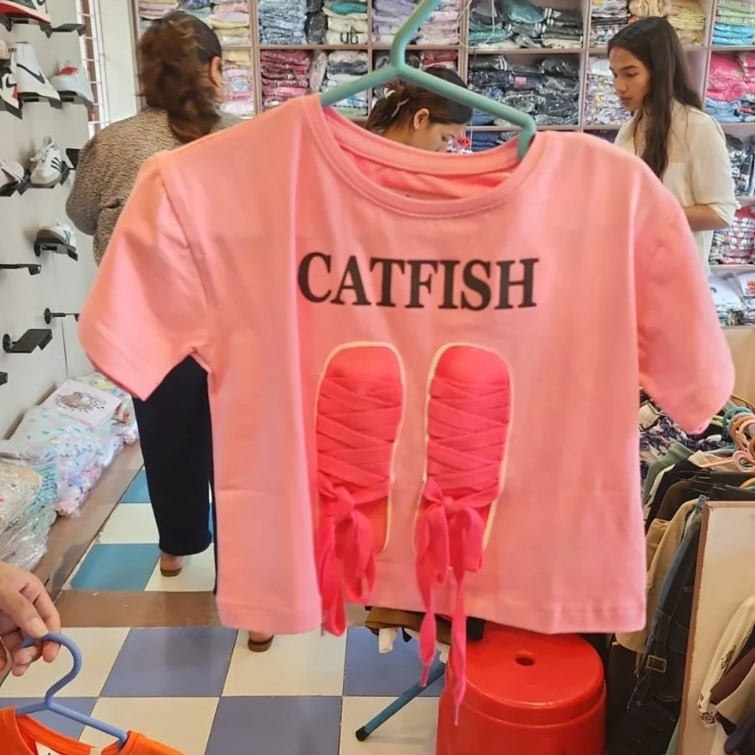 Women’s Pink "CATFISH" Graphic Crop Top – Quirky Lace-Up Sneaker Design T-Shirt - image 2