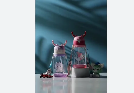 Cute Antler Kids Water Bottle with Straw & Strap - Leakproof Plastic Sippy Cup - image 3