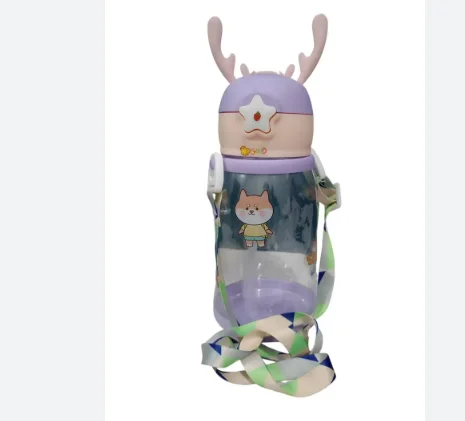 Cute Antler Kids Water Bottle with Straw & Strap - Leakproof Plastic Sippy Cup - image 4