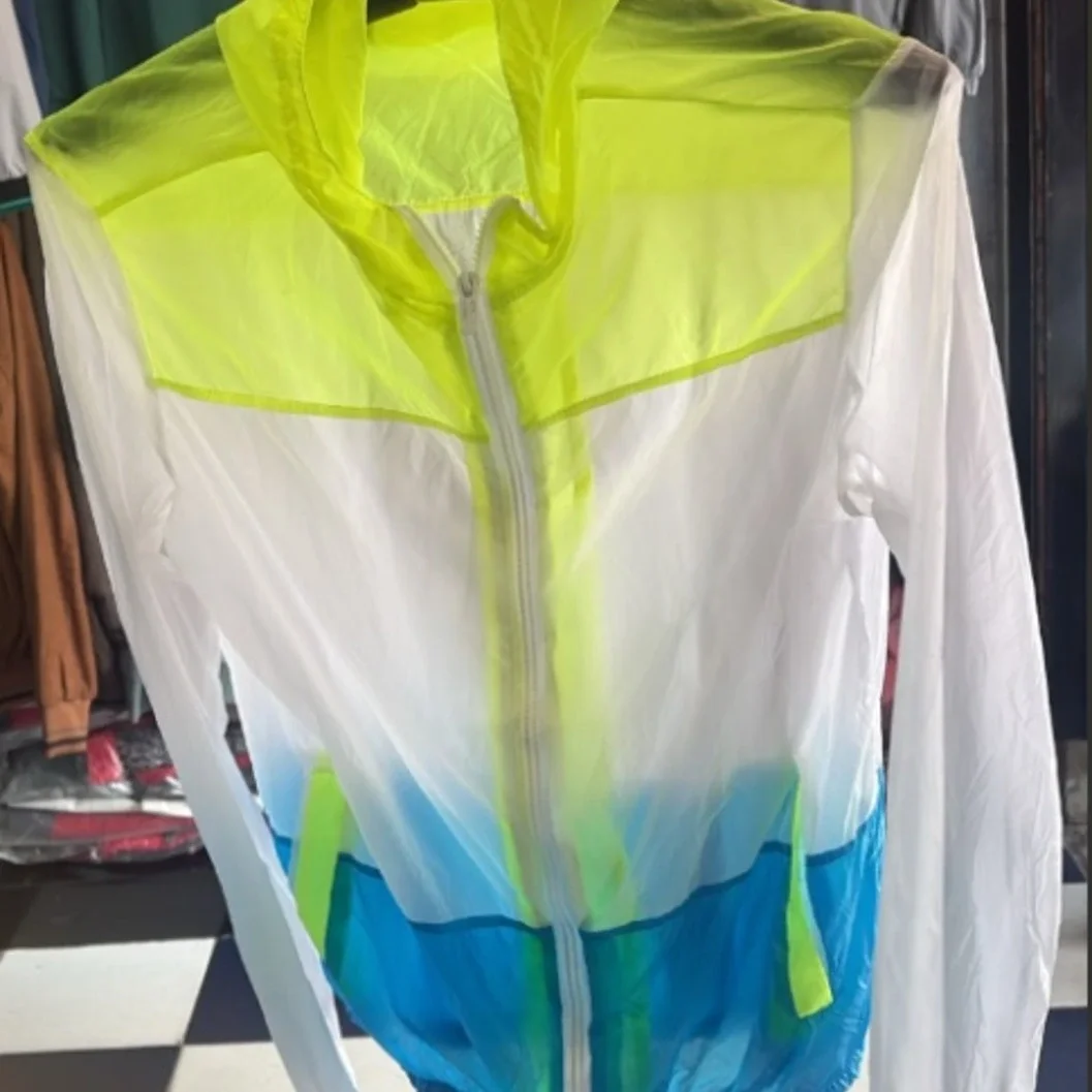 Unisex Ultra-Light Neon Yellow & Blue Colorblock Hooded Windbreaker Jacket - image 2