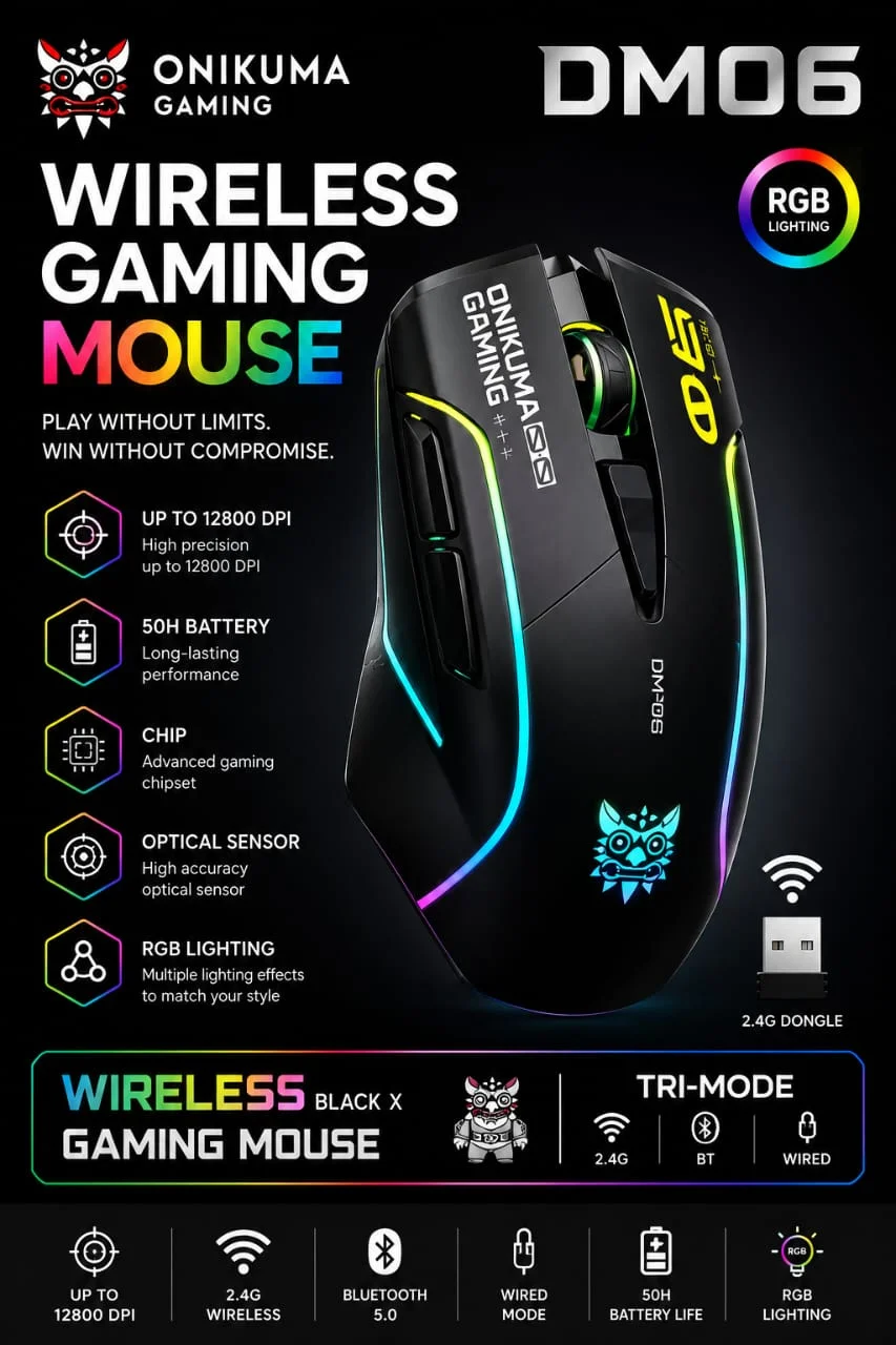 ONIKUMA DM06 Black Tri-Mode Wireless RGB Gaming Mouse (12800 DPI) - image 2