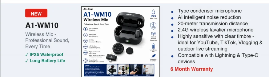 A1-Star A1-WM10 MIC Wireless Lavalier Microphone System with Hi-Res Audio & Digital LED Display Charging Case - image 2
