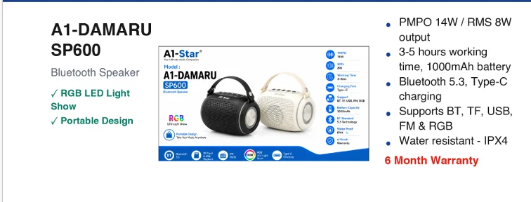 A1-Star A1-DAMARU SP600 14W Portable Wireless Bluetooth Speaker with RGB Light & IPX4 Water Resistance - image 2