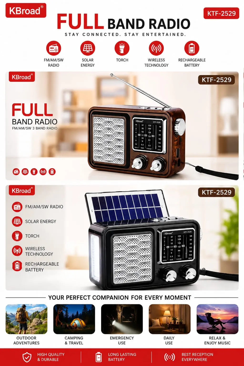 KBroad KTF-2529 Portable Solar Full Band Radio & Emergency Flashlight - image 2