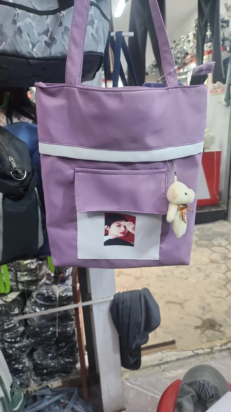Cute Teddy Keychain & Portrait Graphic Purple Tote Bag - image 2