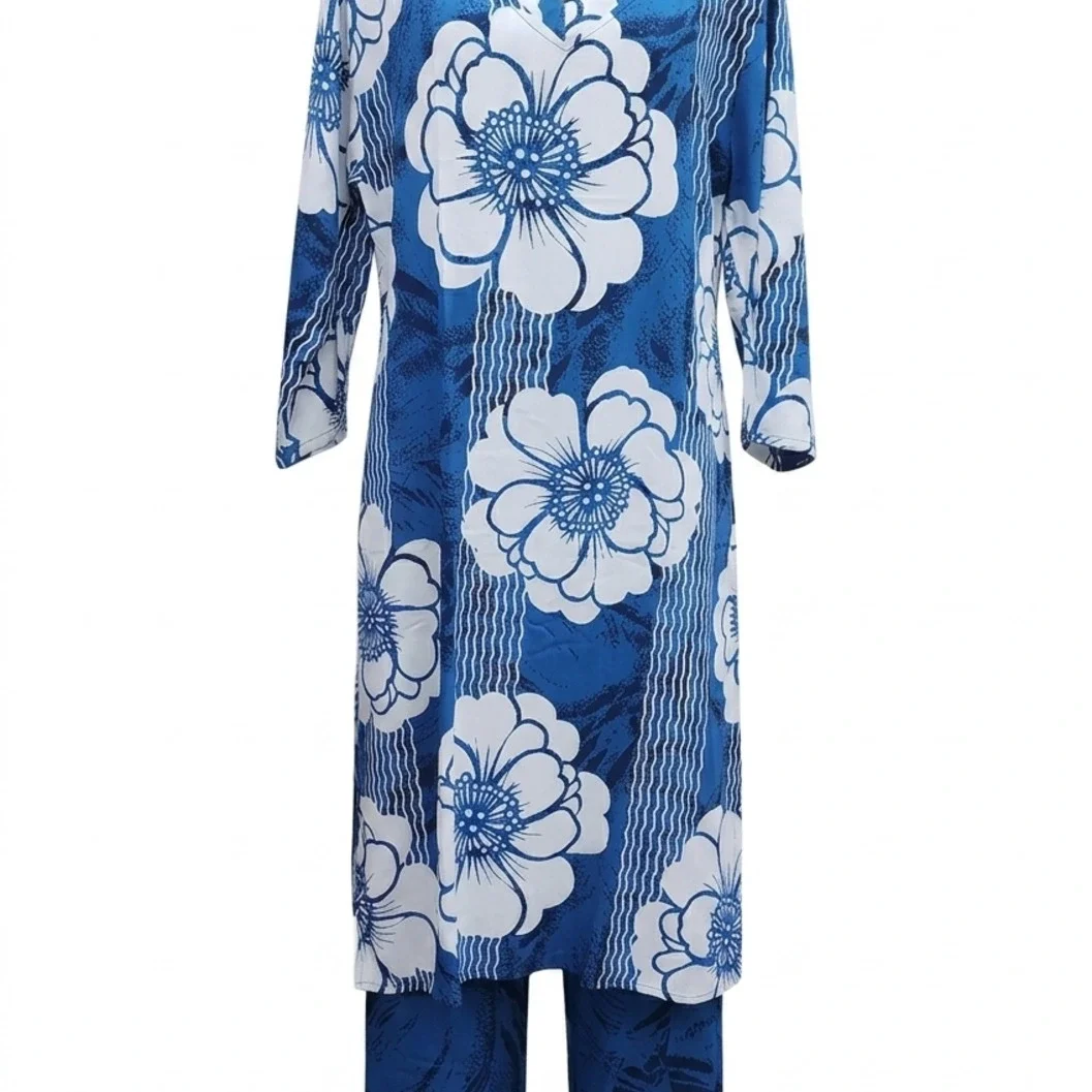 Women's Blue & White Floral Print Kurta Set with Matching Trousers - image 2