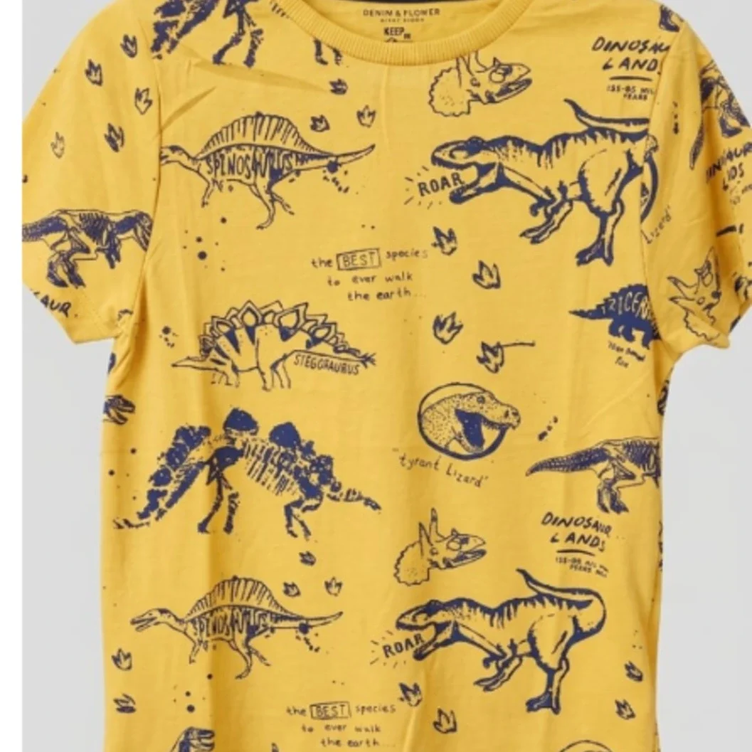 Premium Kids All-Over Dinosaur Print Cotton T-Shirt – Yellow | Half Sleeve - image 2