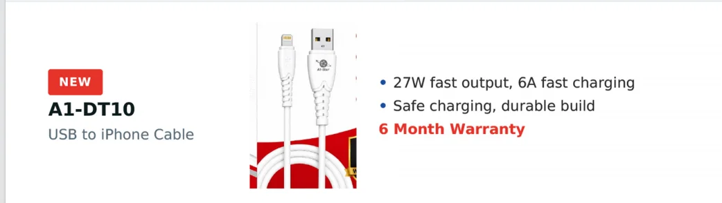 A1-Star A1-DT10 Heavy Duty 6A Super Fast Charging USB Cable for iPhone & iPad - image 2