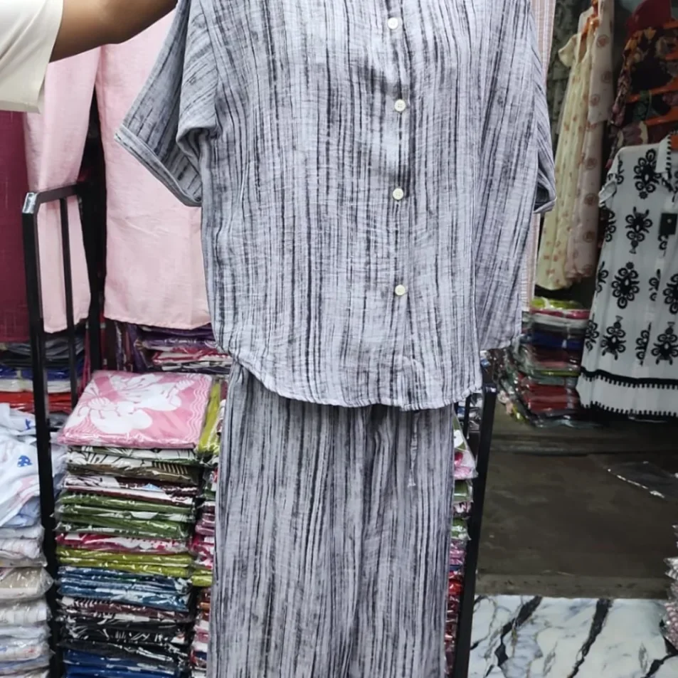 Oxara Men's Grey Textured Vertical Stripe Summer Cotton Shirt and Pants Set - image 2