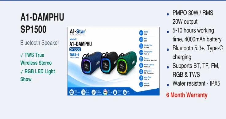 A1-Star A1-DAMPHU SP1500 30W Portable Bluetooth Speaker with IPX5 Waterproof Rating & Bluetooth 5.3 - image 3