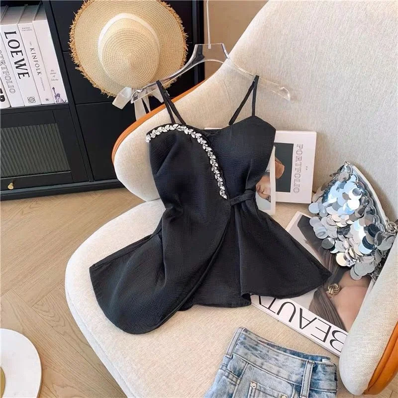 Elegant Rhinestone-Embellished Spaghetti Strap Peplum Camisole Top(padded) - image 4