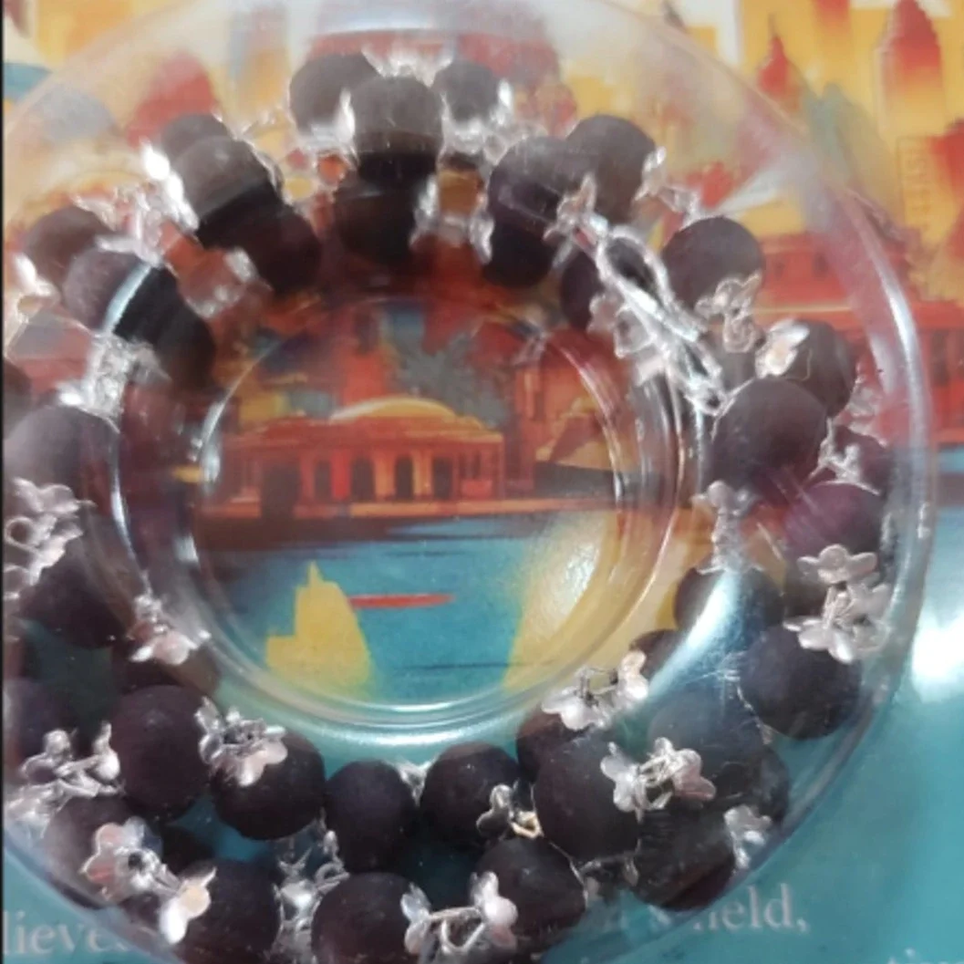 Spiritual Protective Bracelet – Natural Wooden Beads with Silver Floral Caps - image 2