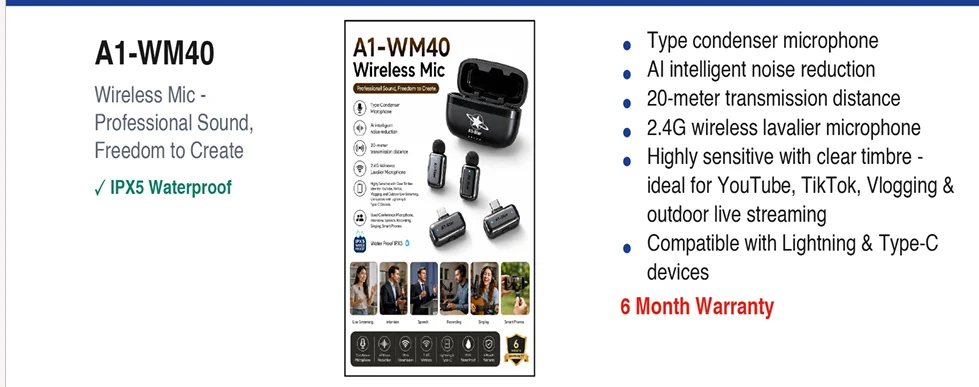 A1-Star A1-WM40 2.4G Wireless Lapel Microphone System with AI Noise Reduction & IPX5 Rating - image 2