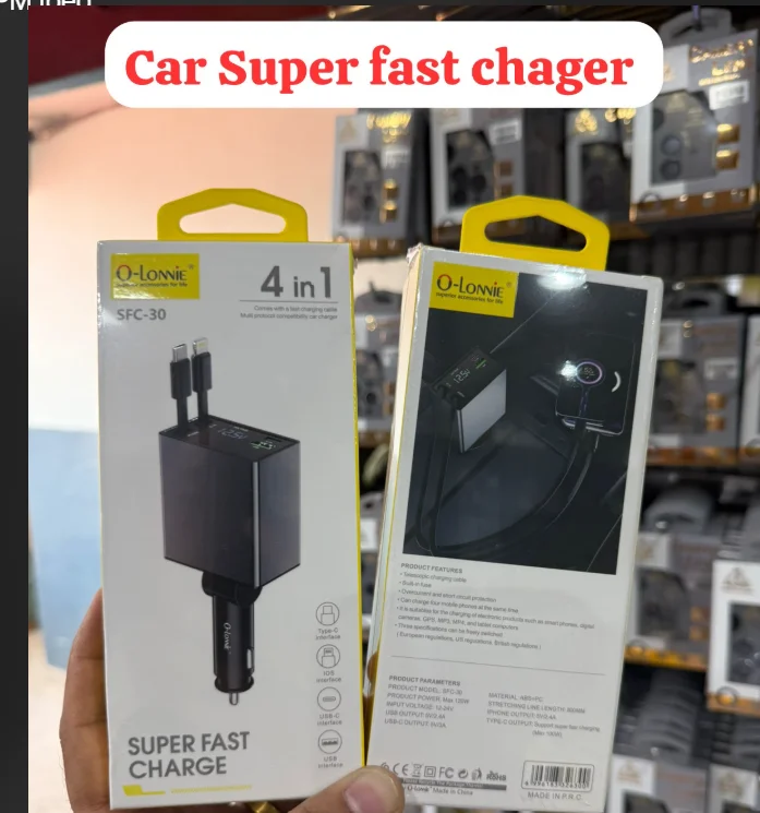 O-LONNIE 4-in-1 Super Fast Car Charger Model SFC-30 (120W Max Output with Retractable Cables) - image 2