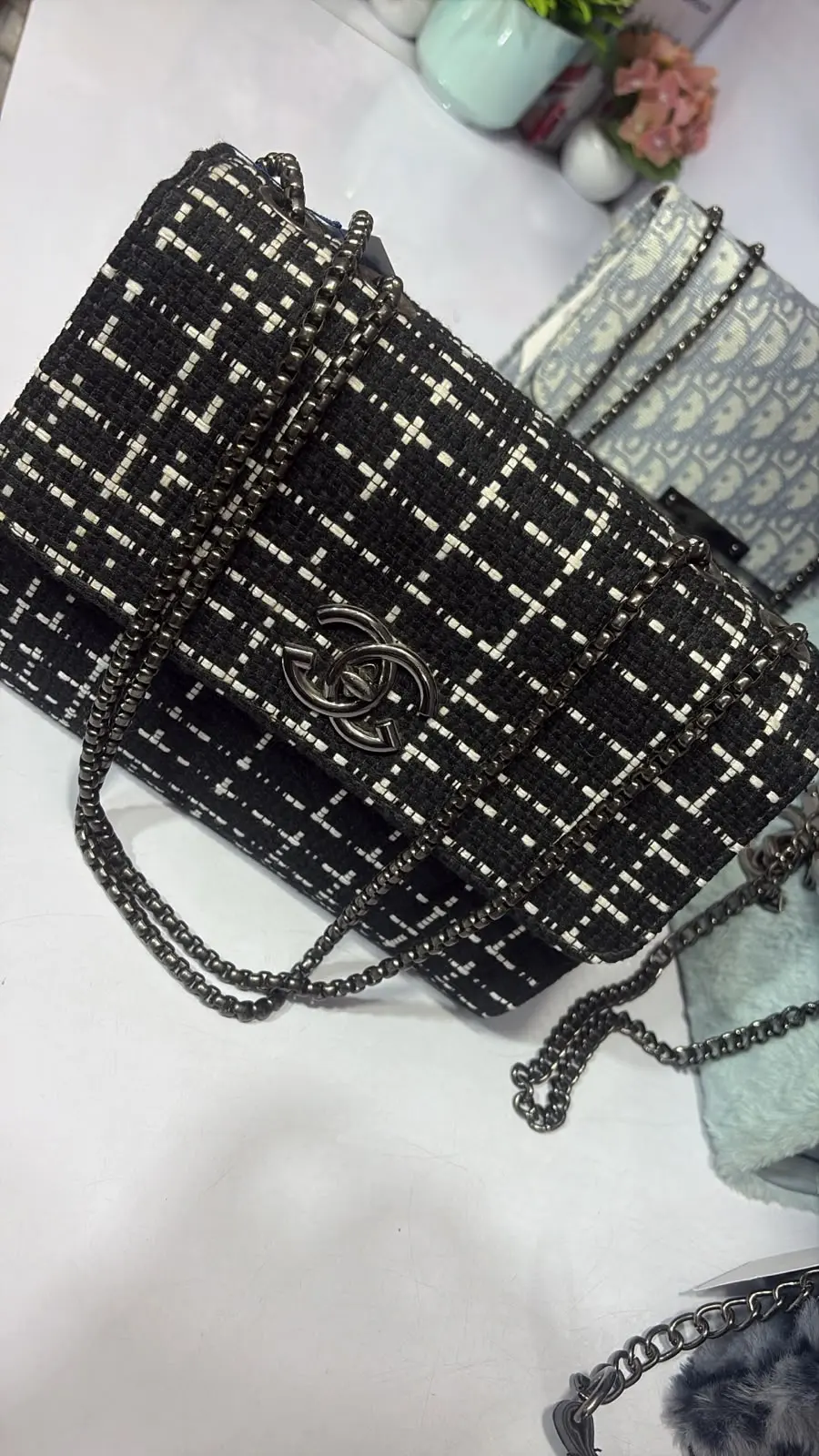 Classic Black & White Tweed Crossbody Bag with Gunmetal Chain - image 3