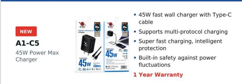 A1-Star POWER MAX 65W 6A Fast Charger Set with Type-C Cable (Model: A1-C5) - image 2