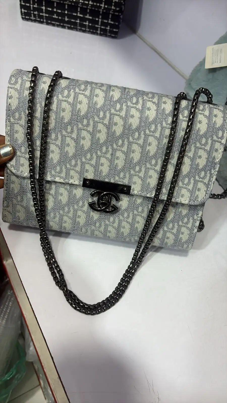 Blue Monogram Jacquard Flap Crossbody Bag with Dark Chain Strap - image 2