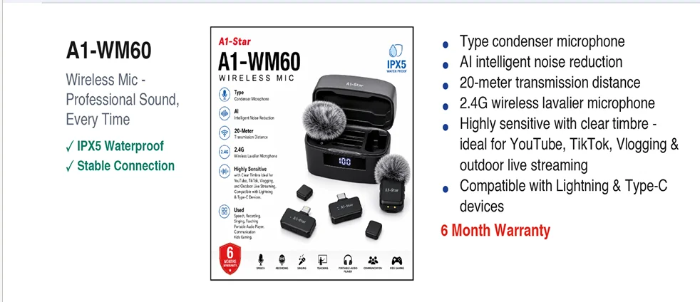 A1-Star A1-WM60 AI+ Wireless AI ANC Microphone System with Hi-Res Audio & Digital LED Display Case - image 2