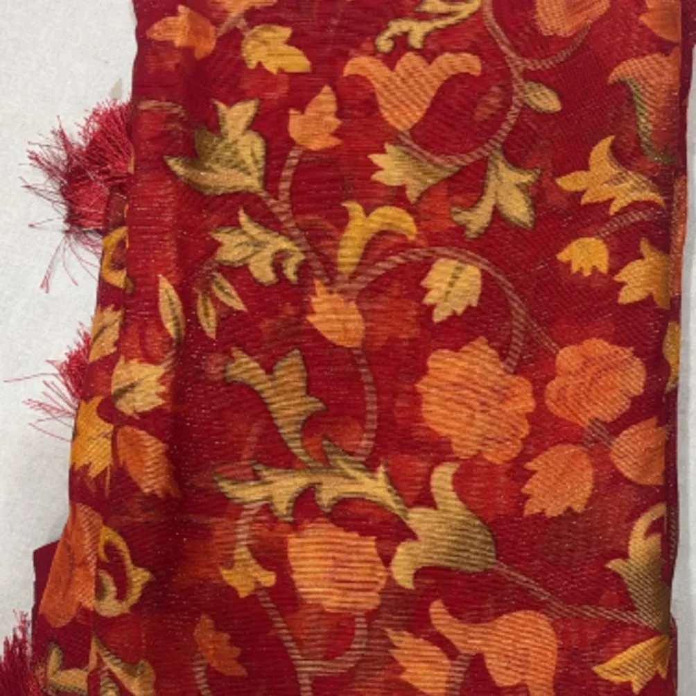Exquisite Red and Gold Floral Burnout Brasso Saree with Tassels||सारी  - image 2