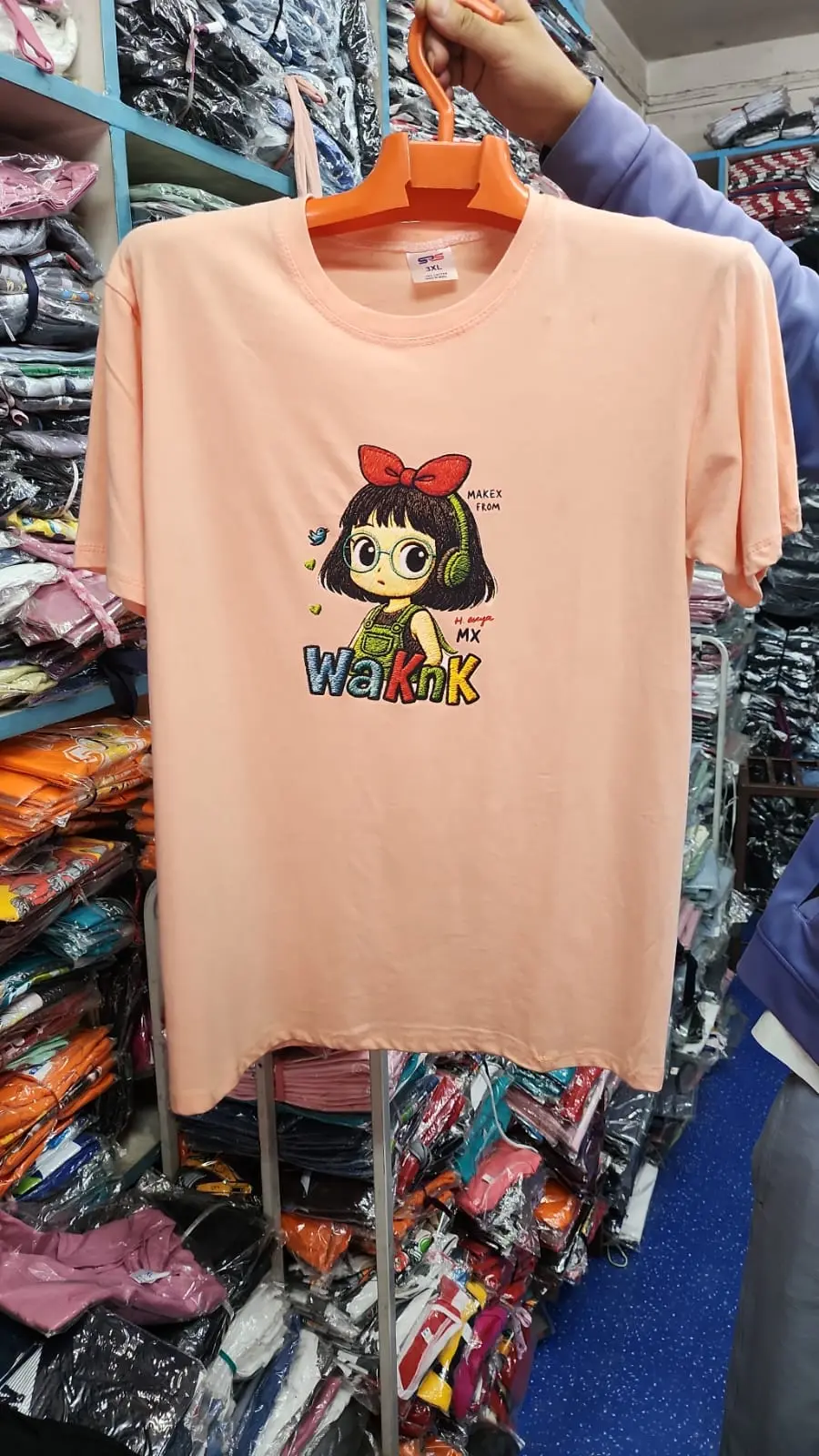 Cute Cartoon Girl Graphic T-Shirt – Pastel Peach Short Sleeve Tee - image 2