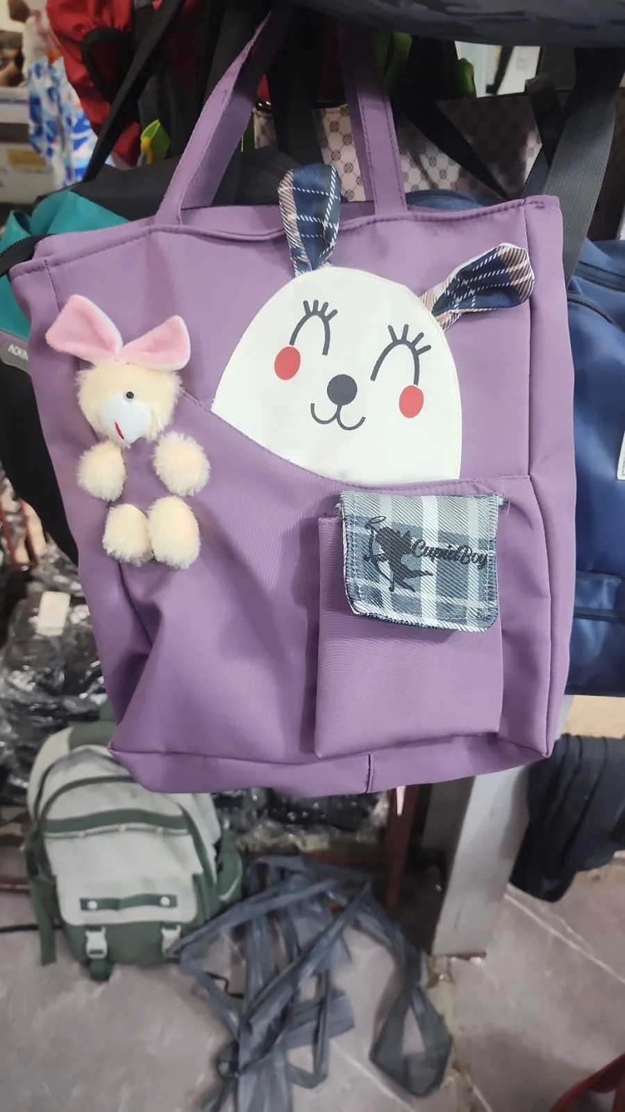 Cute Bunny & Plaid Pocket Purple Tote Bag - image 2