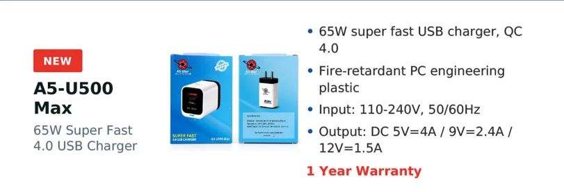 A5-Star 65Watt Super Fast 4.0 USB Charger (Model: A5-U500 Max) - image 2