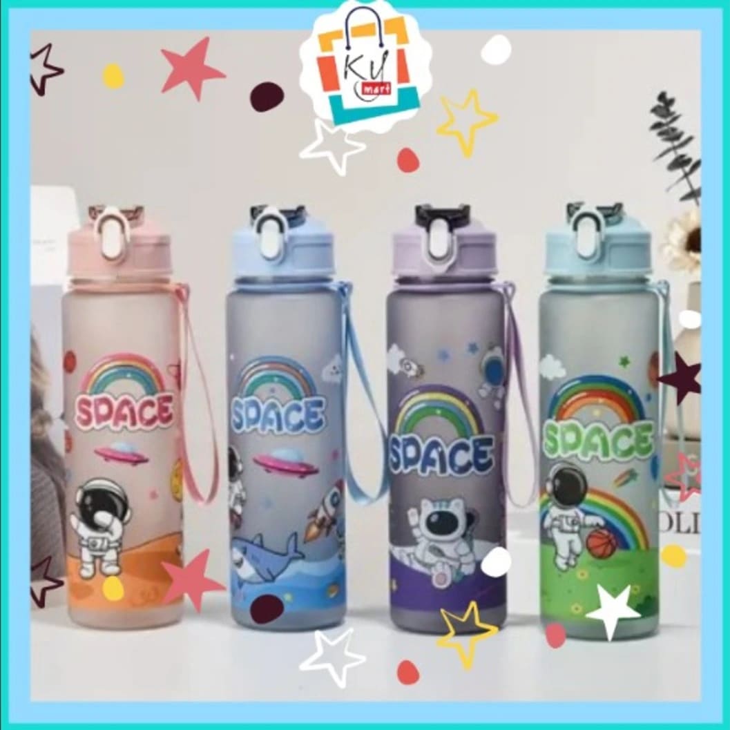 Cartoon Astronaut Direct Drinking Water Bottle 700ml | BPA-Free Plastic Kids & Students Bottle with Straw, Lid & Carry Rope pack (4) - image 2