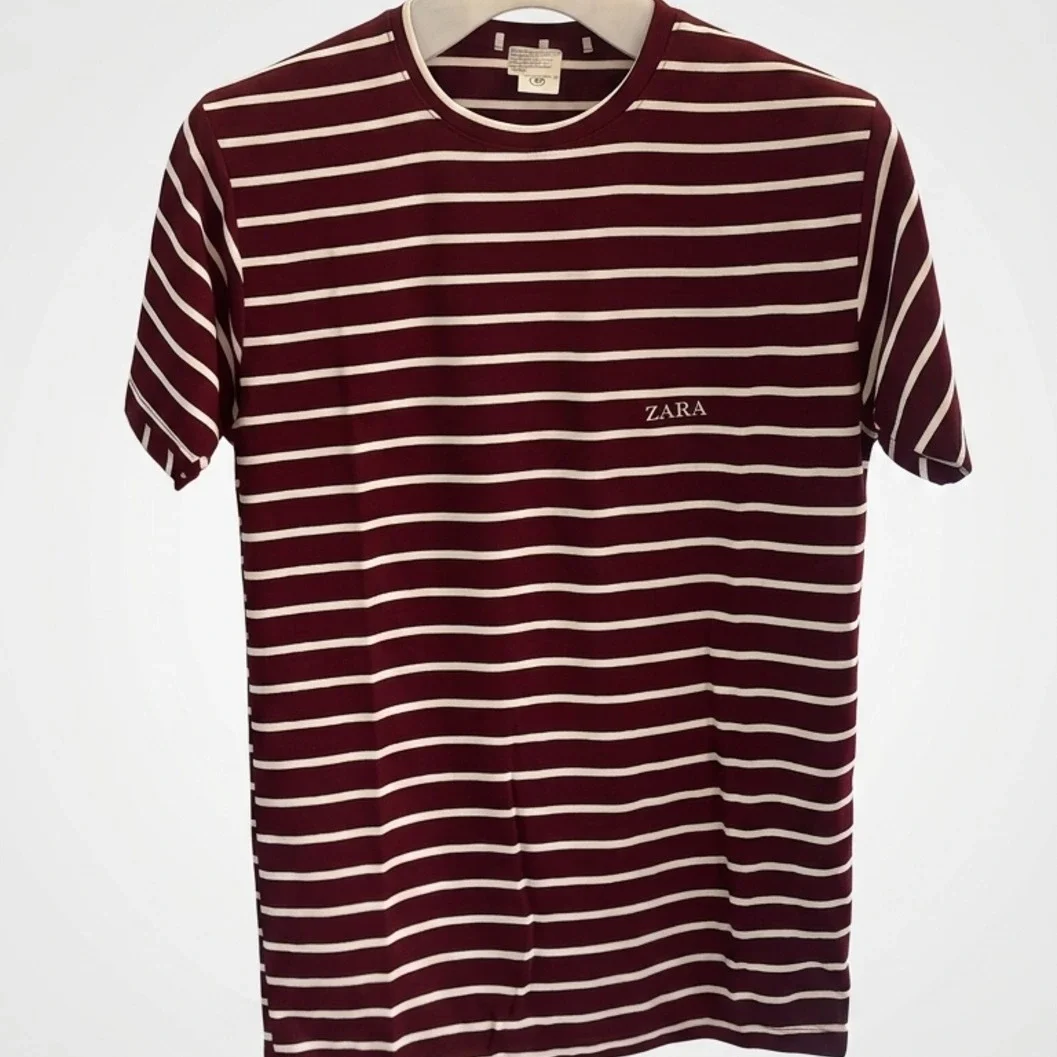 Zara Maroon Striped Cotton Crew-Neck T-Shirt Men's Ko Laagi - image 2