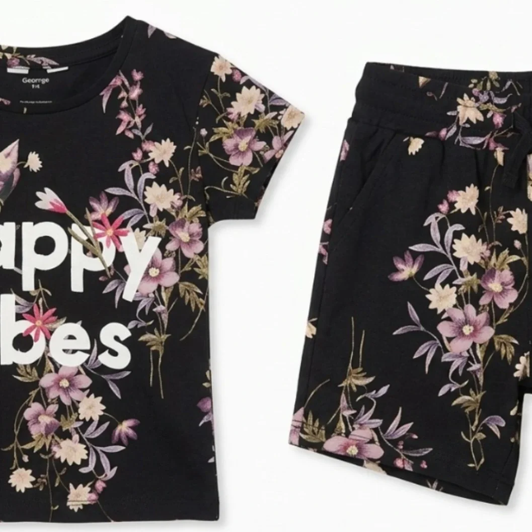 Premium Girls "Happy Vibes" Floral T-Shirt & Shorts Co-Ord Set – Black - image 2