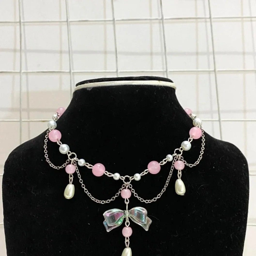 Dainty Pink and White Beaded Layered Necklace with Bow Pendant - image 2
