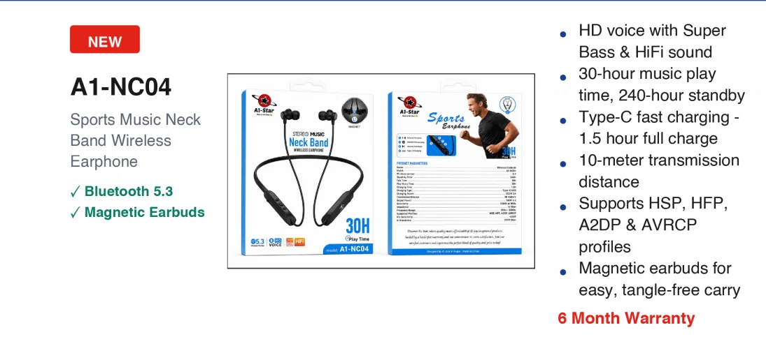 A1-Star Stereo Music Neckband Wireless Earphone (Model: A1-NC04) - image 4