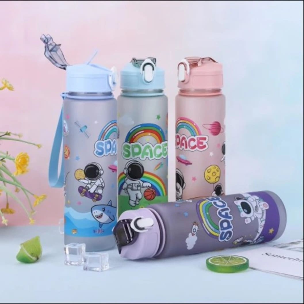 Cartoon Astronaut Direct Drinking Water Bottle 700ml | BPA-Free Plastic Kids & Students Bottle with Straw, Lid & Carry Rope pack (4) - image 3