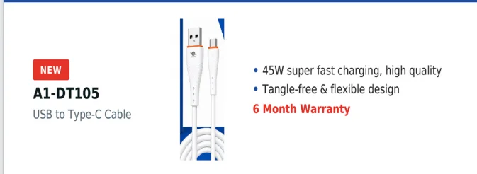 A1-Star High Speed 45W Type-C Data & Fast Charging Cable – White/Blue - image 2