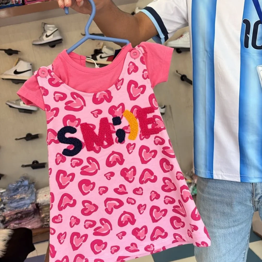 Toddler Girls' 2-Piece Pink Heart Print Overall Dress and T-Shirt Set - image 2