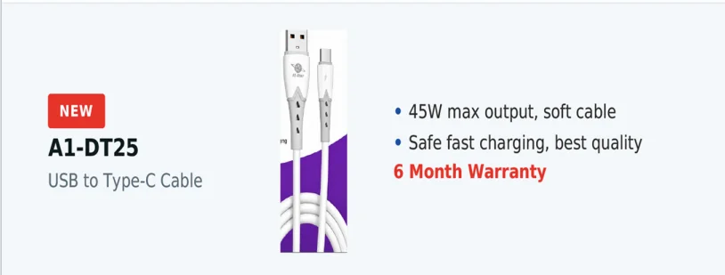 A1-Star High Speed 45W Type-C Data & Fast Charging Cable – White - image 2