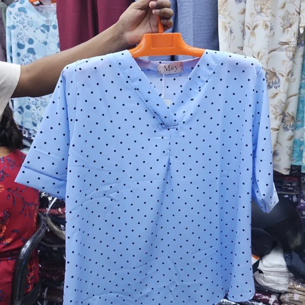 M&Y Light Blue V-Neck Polka Dot Short Sleeve Blouse - image 2