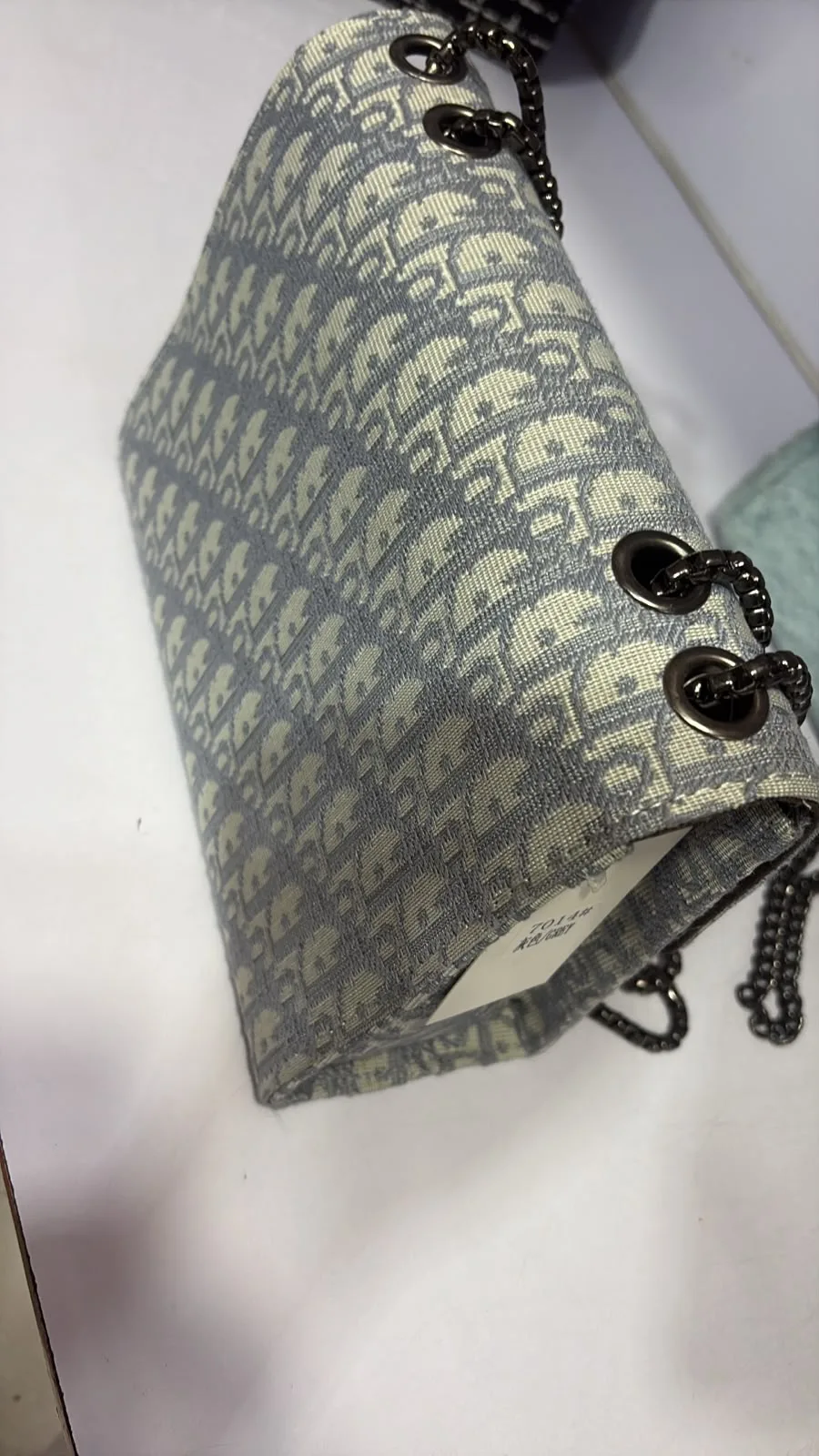 Blue Monogram Jacquard Flap Crossbody Bag with Dark Chain Strap - image 4
