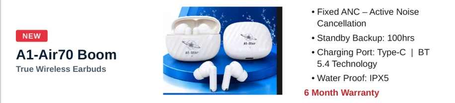 A1-Star A1-Air70 Boom Bullet Airpods with Fixed 30dB ANC & 40ms Low Latency Wireless Earbuds - image 2
