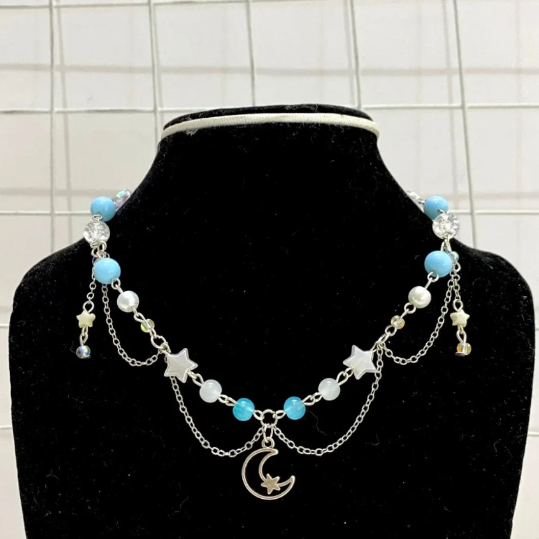 Dainty Blue and White Beaded Layered Necklace with Crescent Moon Pendant - image 2