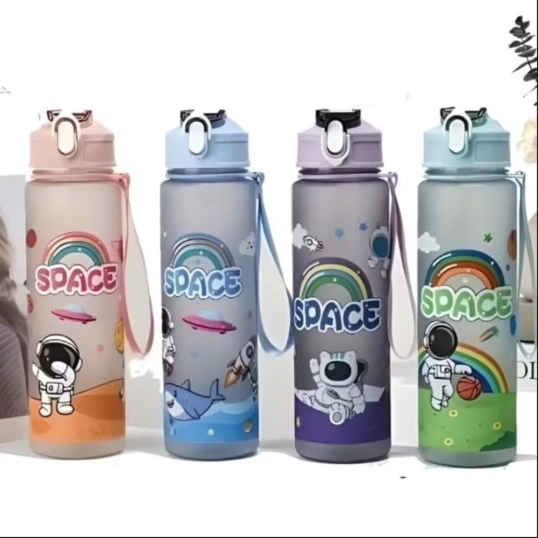 Cartoon Astronaut Direct Drinking Water Bottle 700ml | BPA-Free Plastic Kids & Students Bottle with Straw, Lid & Carry Rope pack (4) - image 4