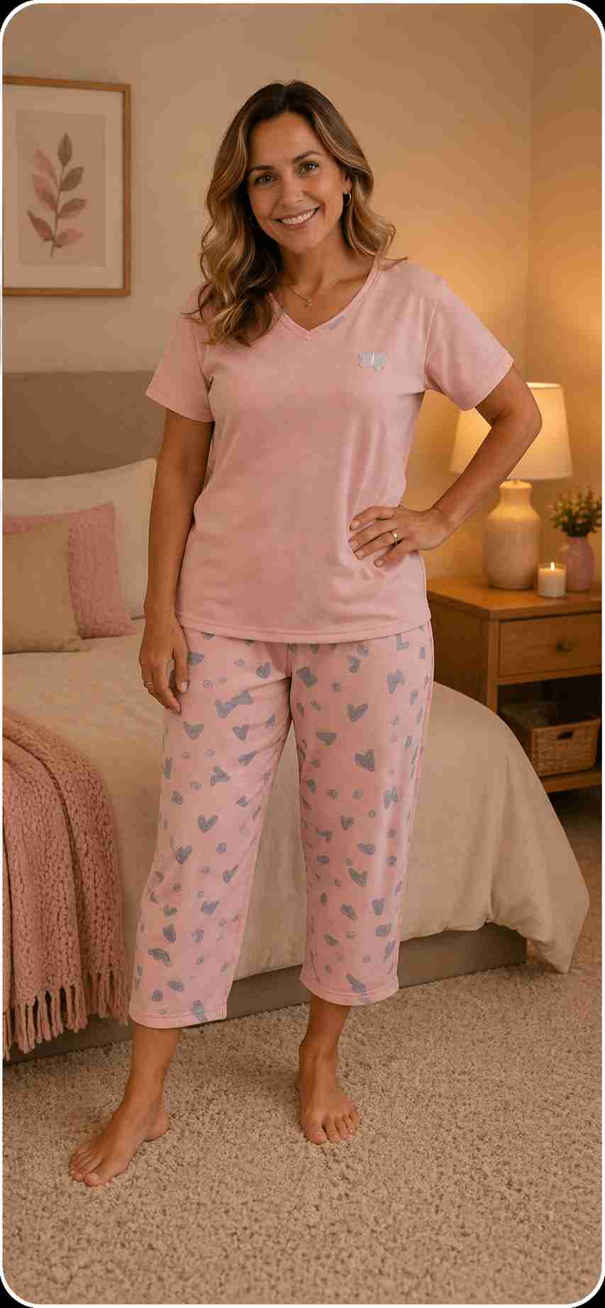 Pijama Manga Curta com Pescador Rosa
