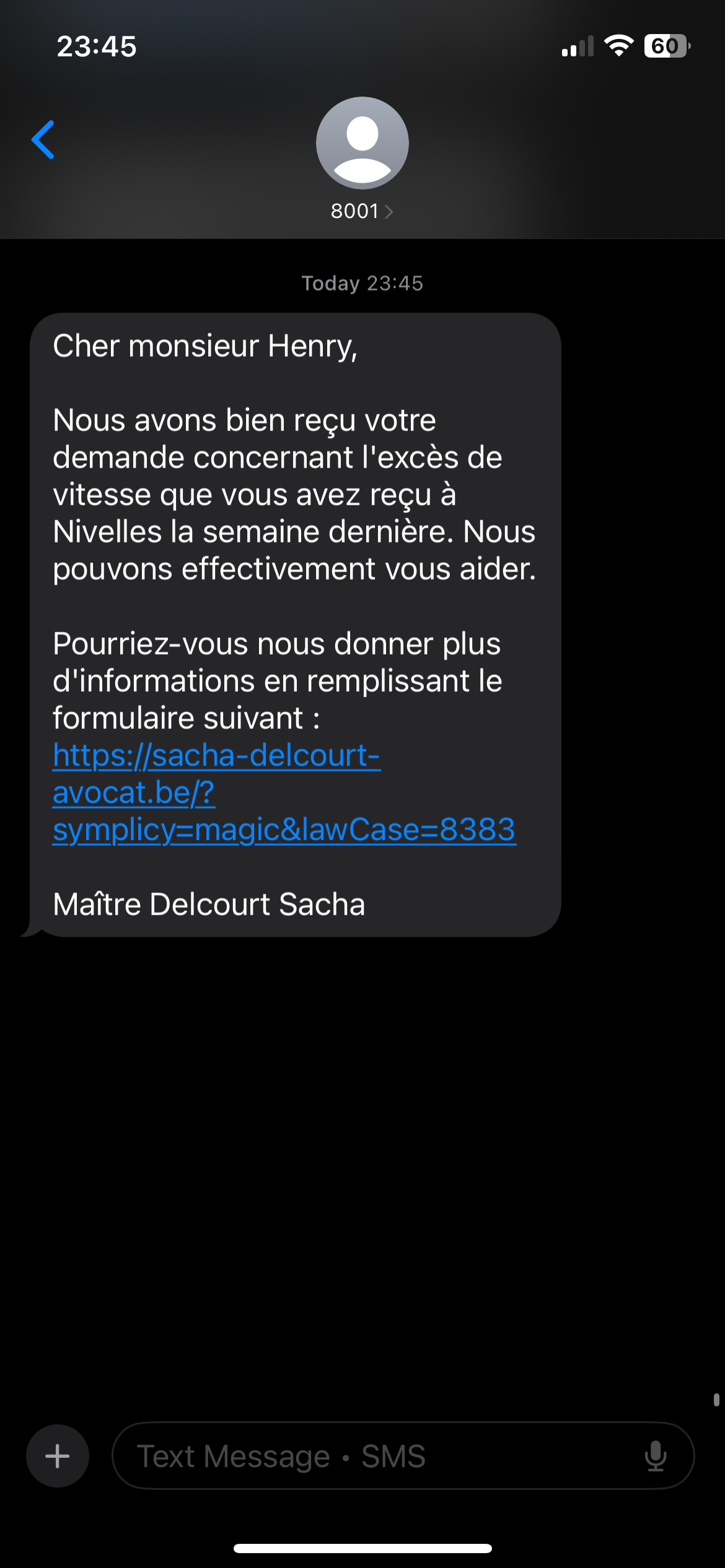 SMS automatique envoyé au client avec le lien du formulaire Symplicy correspondant