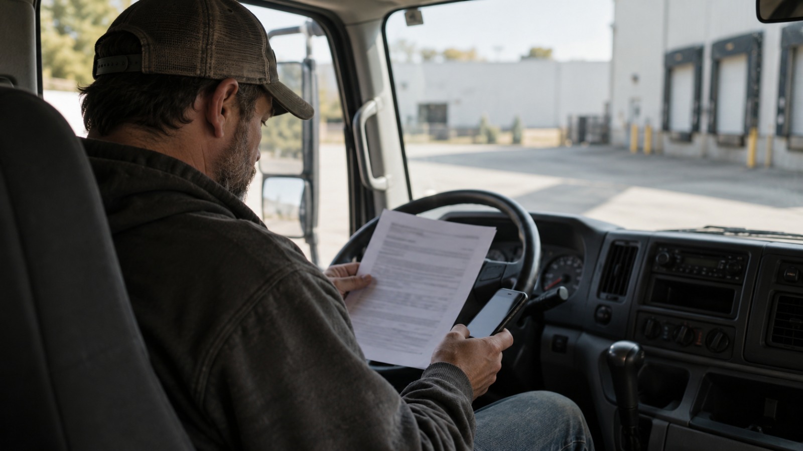 Box truck driver reviewing a carrier contract for red flags