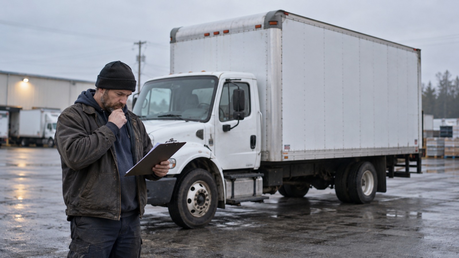 Box truck driver reading a recruiting contract