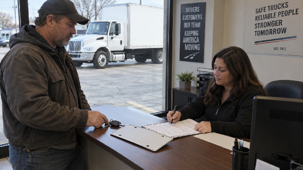 Box truck cab with registration paperwork used to check a USDOT number and box truck weight limit requirements