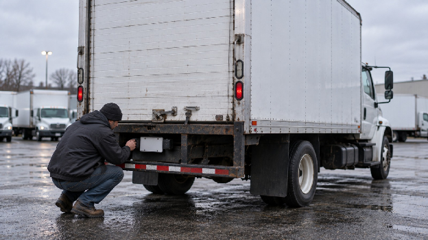 Driver inspecting the rear plate on a 26-foot box truck while checking box truck DOT requirements and FMCSA compliance